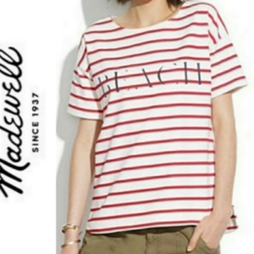 Madewell Striped Red Cream Summer Tee with BEACH Logo